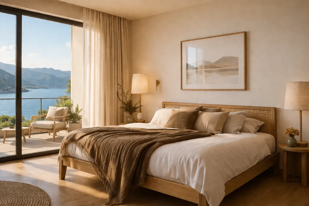 Chambre lumineuse avec vue mer en location courte durée illustrant un logement confortable et attractif pour les voyageurs