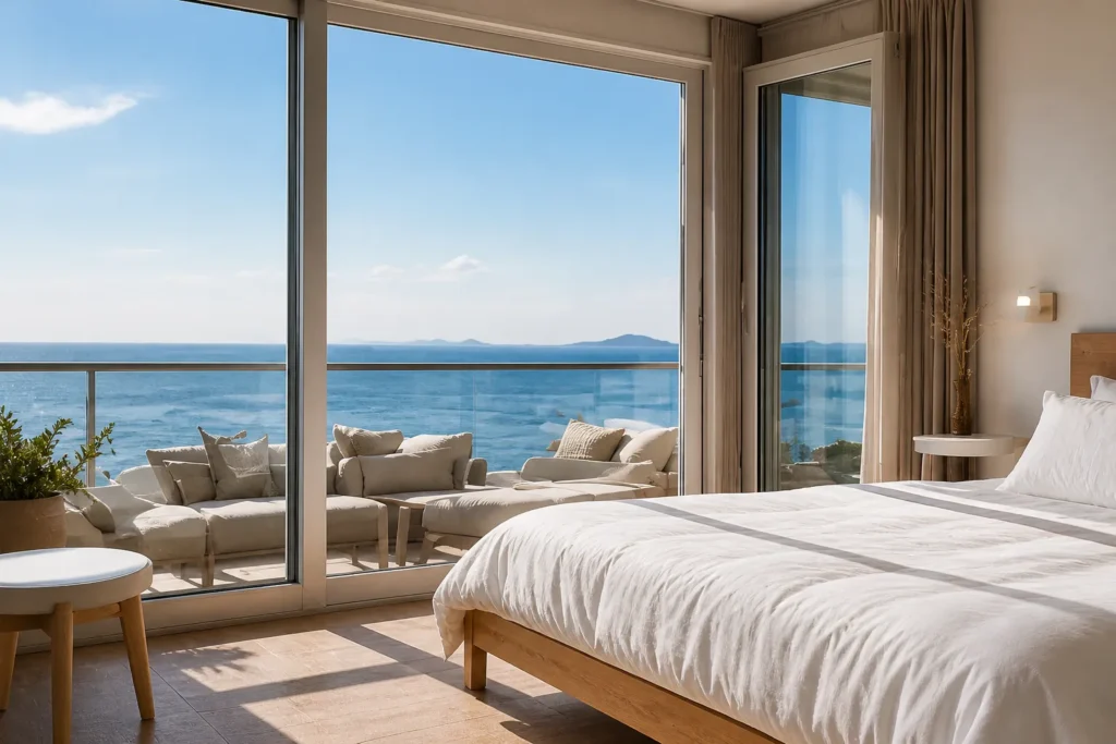 Chambre avec vue mer en location courte durée illustrant un logement attractif générant des réservations grâce à une bonne visibilité