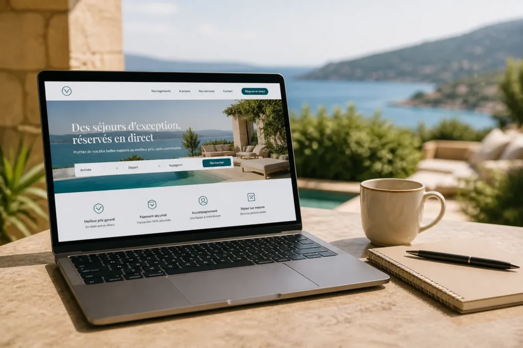 Ordinateur affichant un site internet de location courte durée permettant de générer des réservations directes pour une conciergerie
