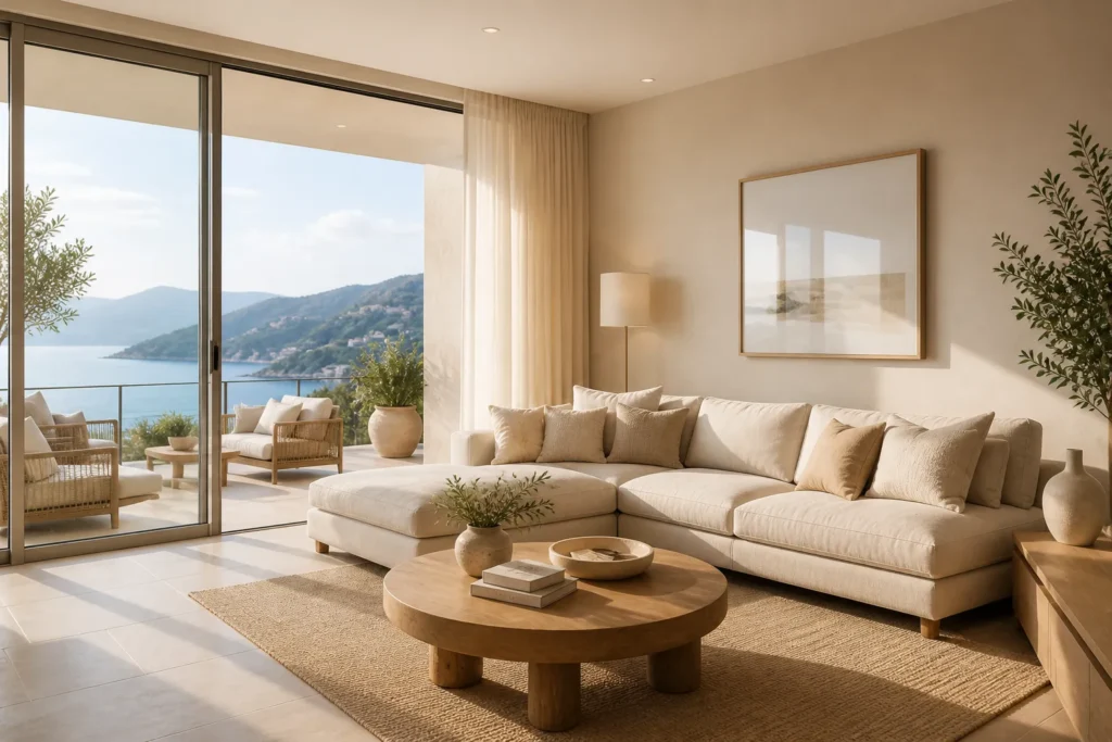 Salon lumineux avec vue mer dans une location courte durée illustrant un logement attractif pour générer des réservations