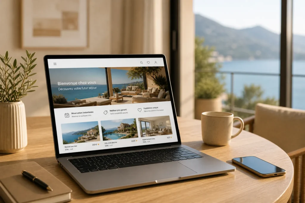 Ordinateur affichant un site internet de location courte durée optimisé pour générer des réservations directes