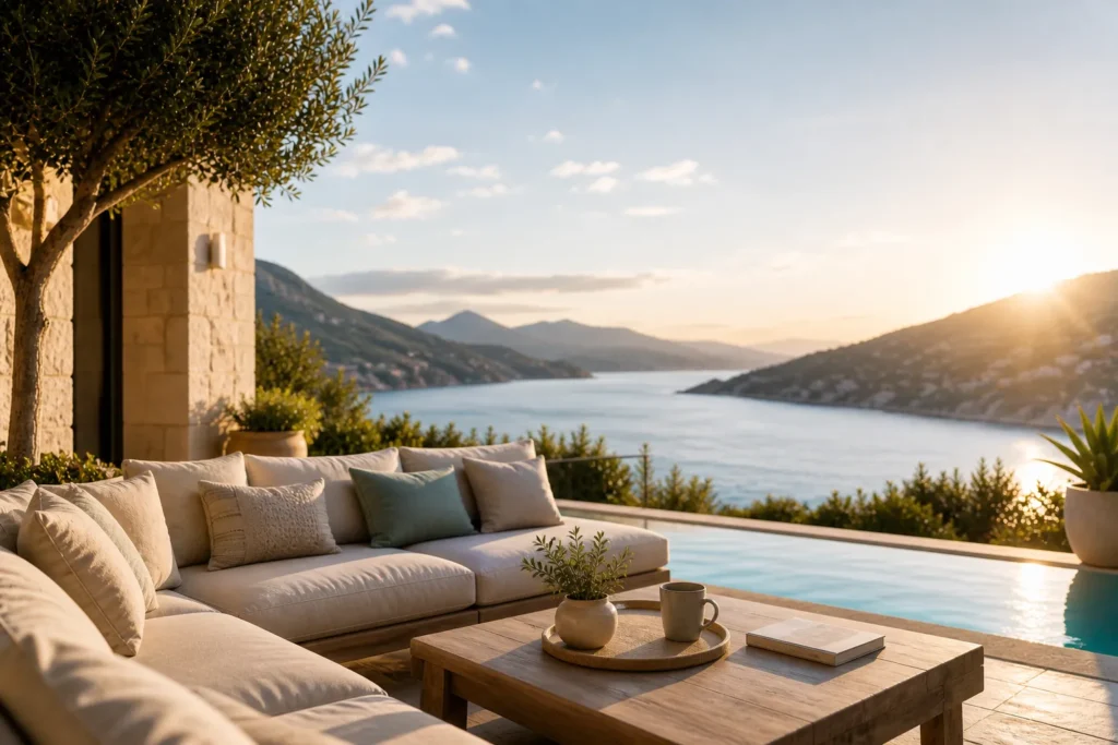 Terrasse avec piscine et vue mer illustrant une conciergerie et location courte durée attirant des voyageurs pour générer des réservations