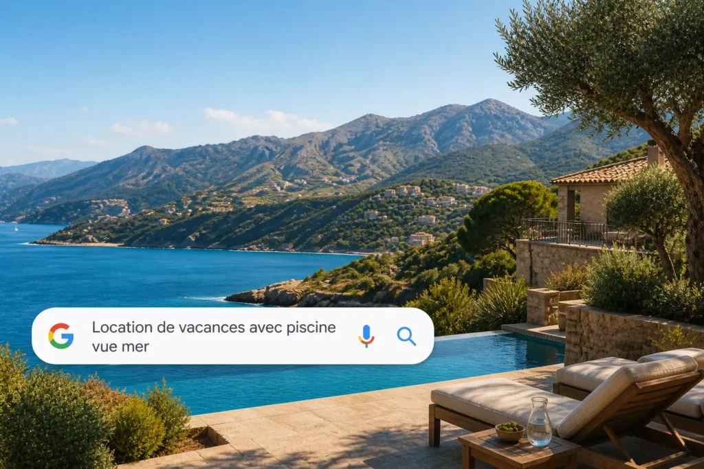 Recherche Google location de vacances avec piscine vue mer illustrant la visibilité en ligne pour une location courte durée