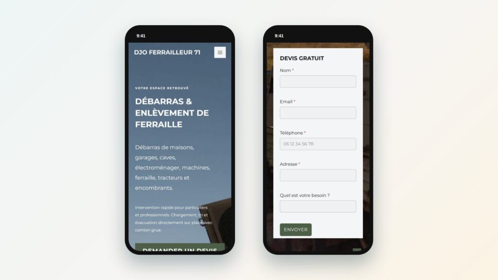 Version mobile du site de Djo Ferrailleur 71 : accueil et formulaire de devis