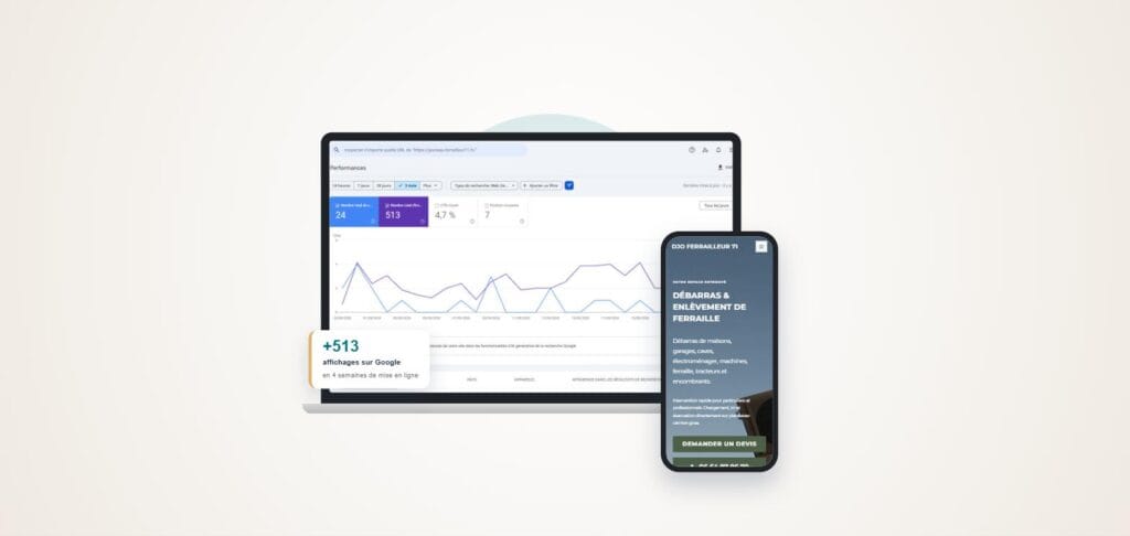 Offre Croissance : résultats Google Search Console du site Djo Ferrailleur 71 créé par Anime ton site, 513 affichages en 4 semaines