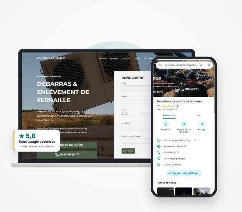Autres services : fiche Google optimisée et site internet de Djo Ferrailleur 71, réalisés par Anime ton site